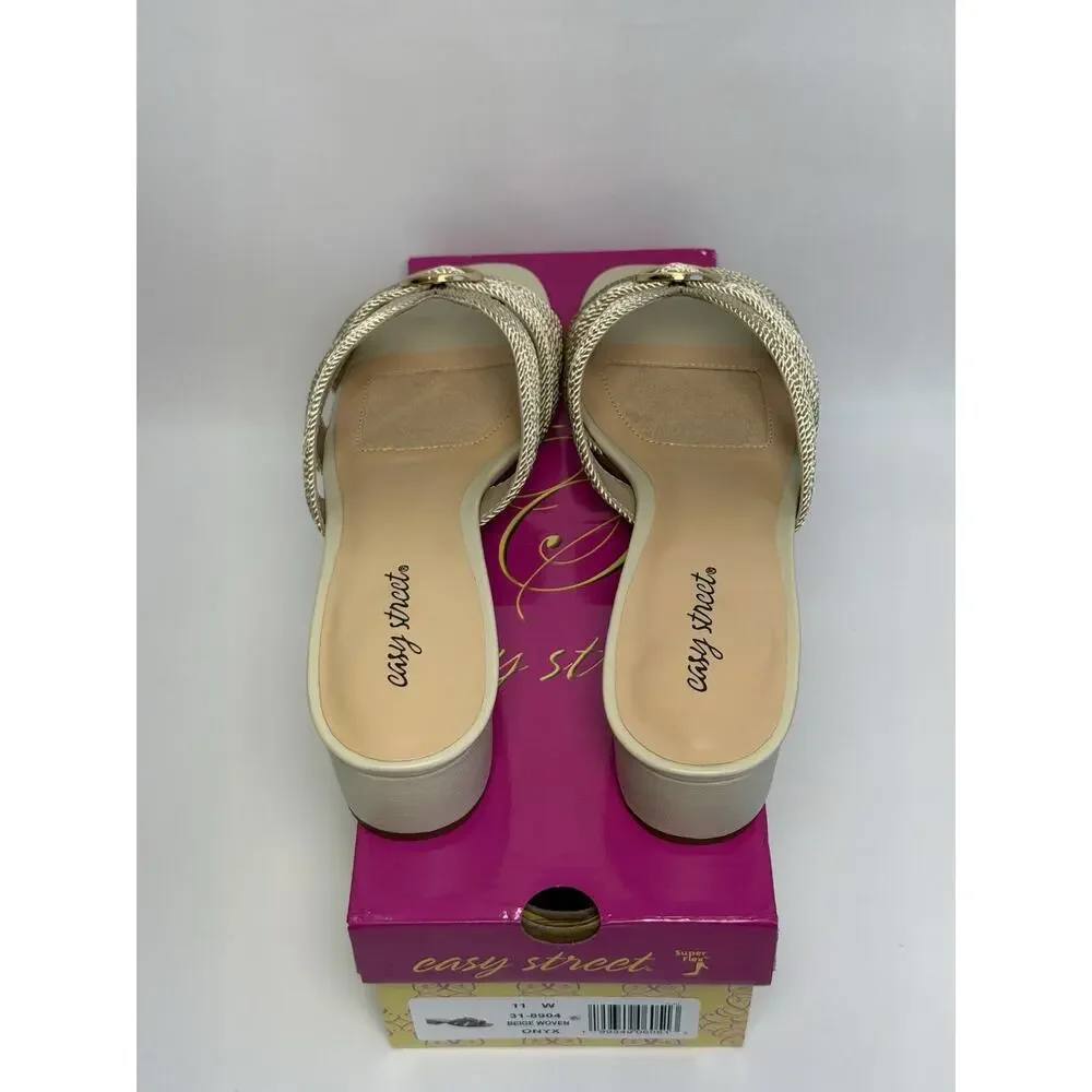 Easy Street Women’s Onyx Beige Woven Heeled Slide Sandals US 11W 31-8904 New